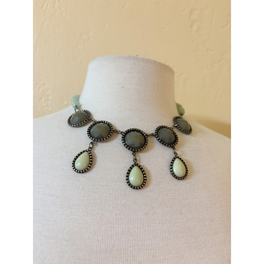 Boho Seafoam Green Beaded Bib Necklace Smoky Grey Faceted Stones Antique Tone